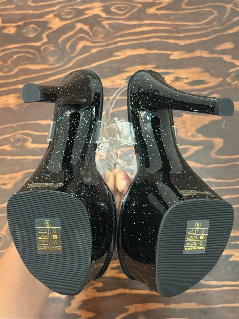 Pleasers 6.5” Clear Strap Black Glitter Platform Heels - Women